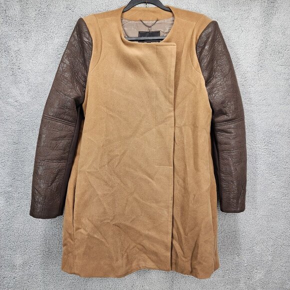 BCBGMAXAZRIA Womens Size Large Long Camel Coat With‎ Brown Faux Leather Sleeves - Picture 1 of 13